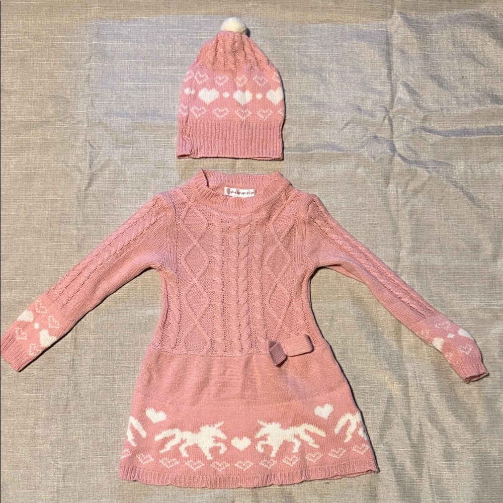 Love Squared Pink Knit Sweater Dress and Hat Set